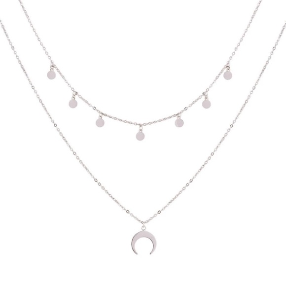 Silver Boho Moon Double Chain Necklace - Picture 2 of 3